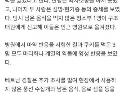 베트남서 한인들 남긴 쿠키 먹은 청소부 마약 증상
